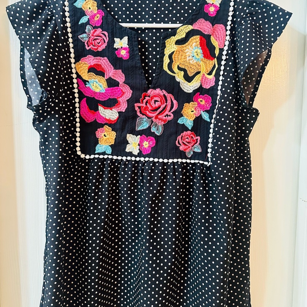 Floral Embroidered Polka Dot Blouse